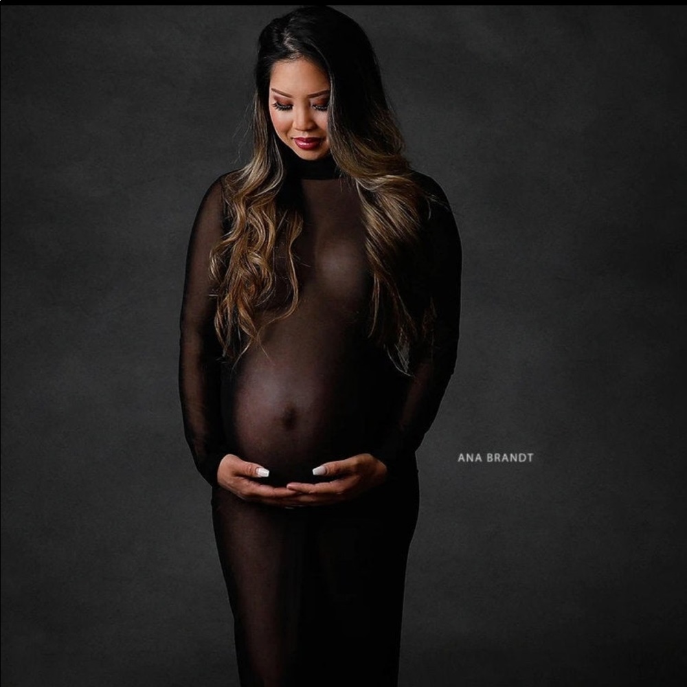 Sheer Long Sleeve Maternity Dress - Black